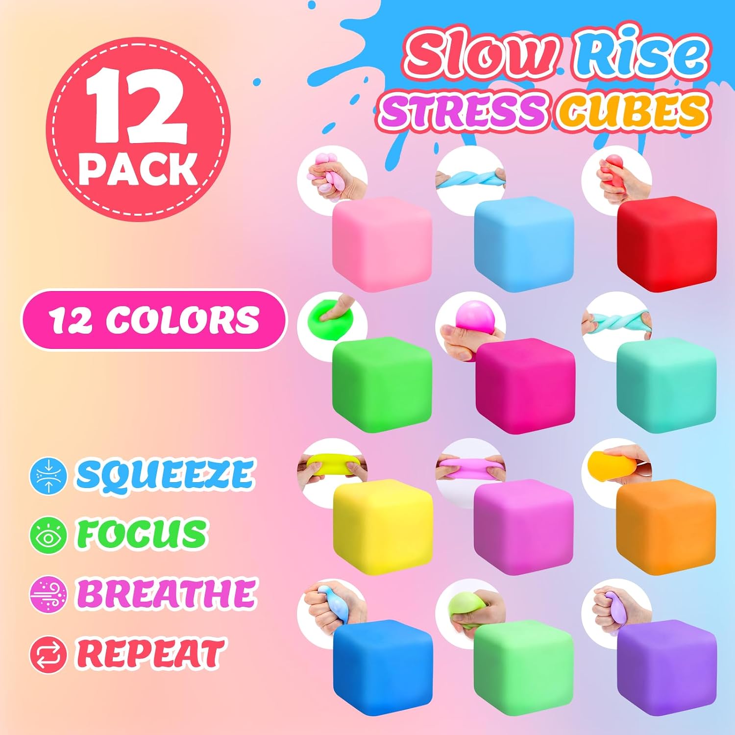 12 Pack Slow Rising Stress Cube. Dough Stress Balls Squishy Fidget Toys for Anxiety Relief. Soft Fidget Cube. Pull Stretch Squishy Toys for Classroom Prize. Party Favors for Kids Adults : Toys & Games - Image 4