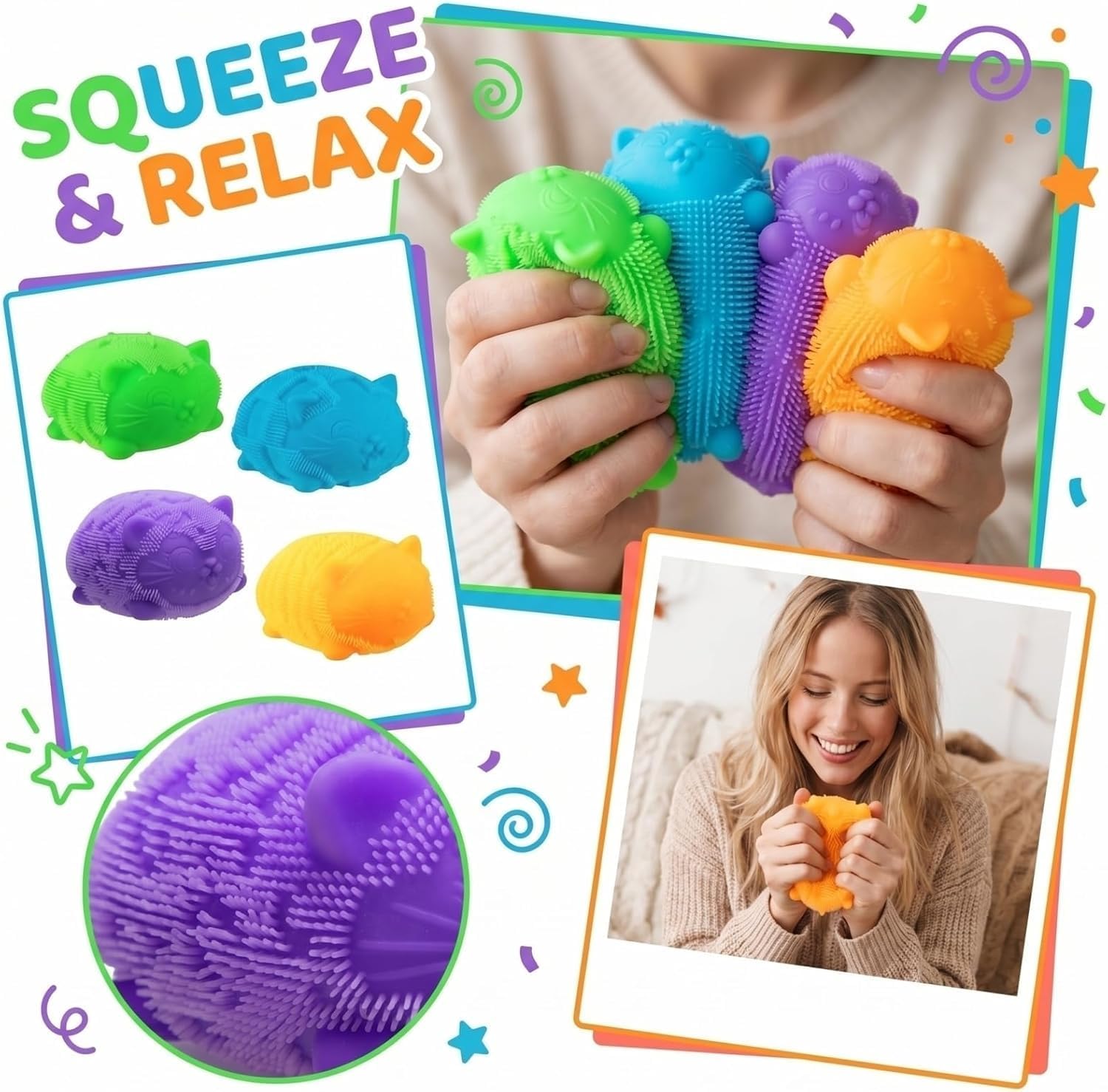 Cool Cat Squeeze Squishy. Cute Cat Stress Fuzz Ball. Slow Rise Sensory Fidget Balls.Sensory Stress Ball Relief (Blue) : Toys & Games - Image 2