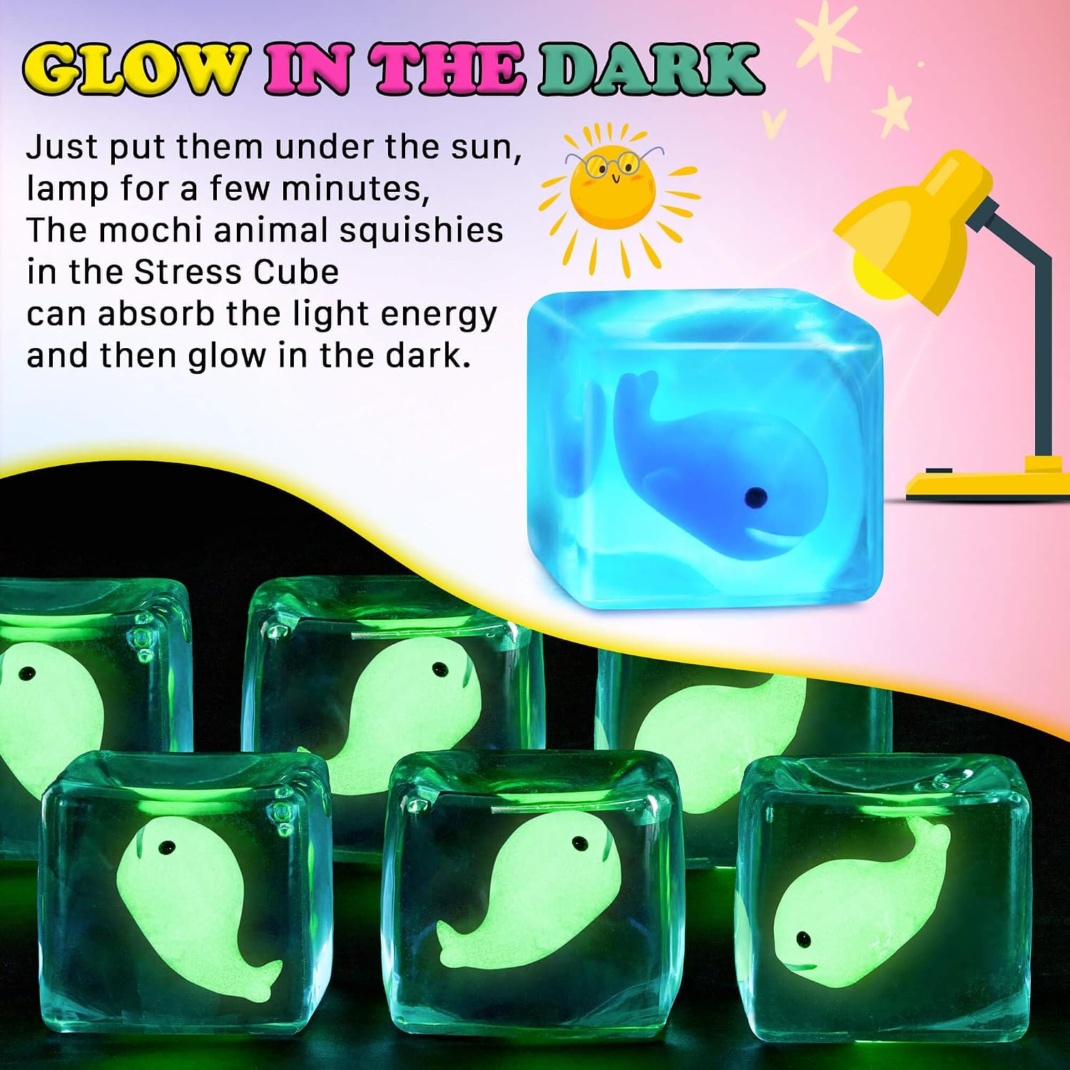 Stress Cube Squishy Fidget Toys Kids Adults - Glow in The Dark Whale Squish Toy Sensory Toys for Kids with Autism Stress Balls for Kids Squeeze Toys for Anxiety Stress Relief Easter Basket Stuffers : Toys & Games - Image 4