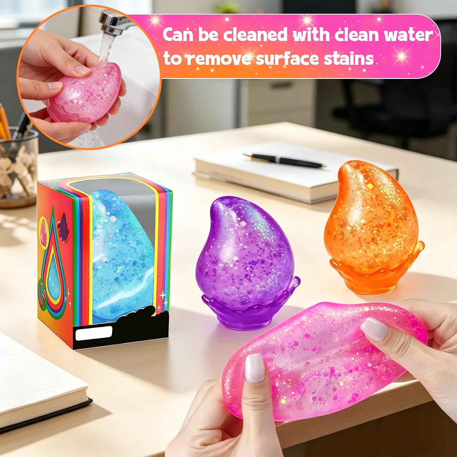 MSYTIFOG 2 Pcs Stress Balls. Water Drop Squishies Squeeze Toys. Stress Relief Fidget Sensory Toy for Kids with Autism. Nice Stress Cube-Drop Gifts for Anxiety Relief Office Easter Birthday (Blue&Pink) : Toys & Games - Image 6